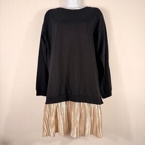 NWT Massimo Fabbro Black Gold Pleated Hem Sweatshirt Mini Dress Medium